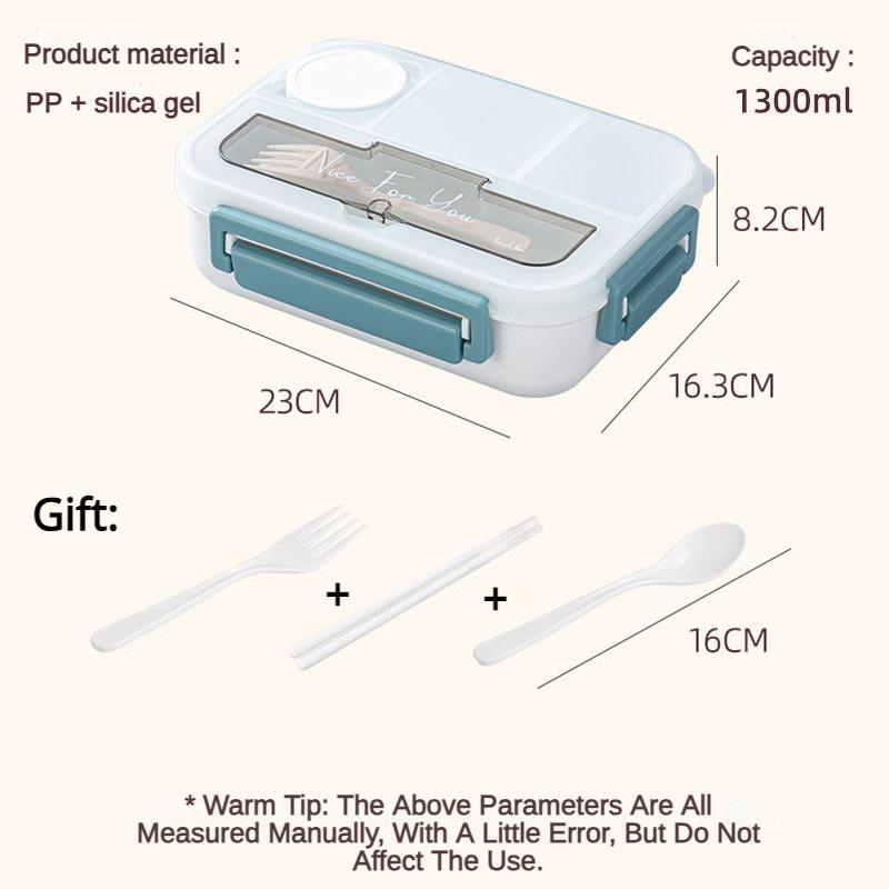 1300ML Portable with Grid Division Lunch Box Kids Students Office Bento Box with Fork and Spoon Microwave Food Storage Container