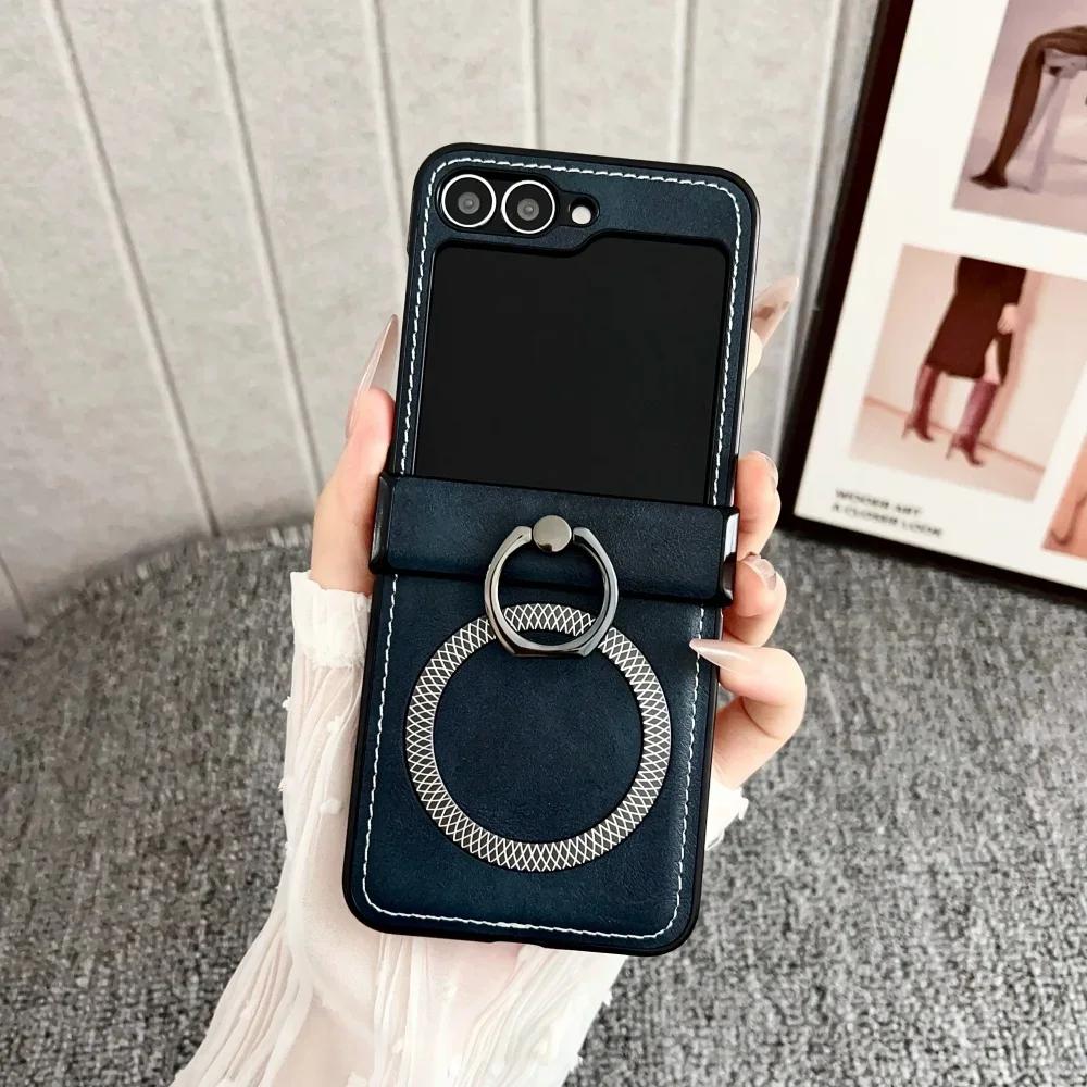 New Frosted Leather Pineapple Texture Ring Holder Magnetic Phone Case for Samsung Galaxy Z Flip 7 6 5 4 3 Wireless Charge Cover