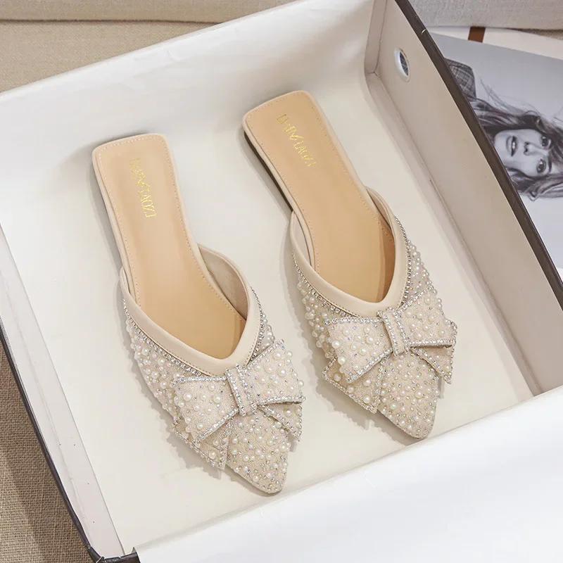 Fashion Large Size Slippers for Women Summer New Pointed Toe Flat Sole Bowknot Slippers Womens Shoes Zapatos De Mujer 2024