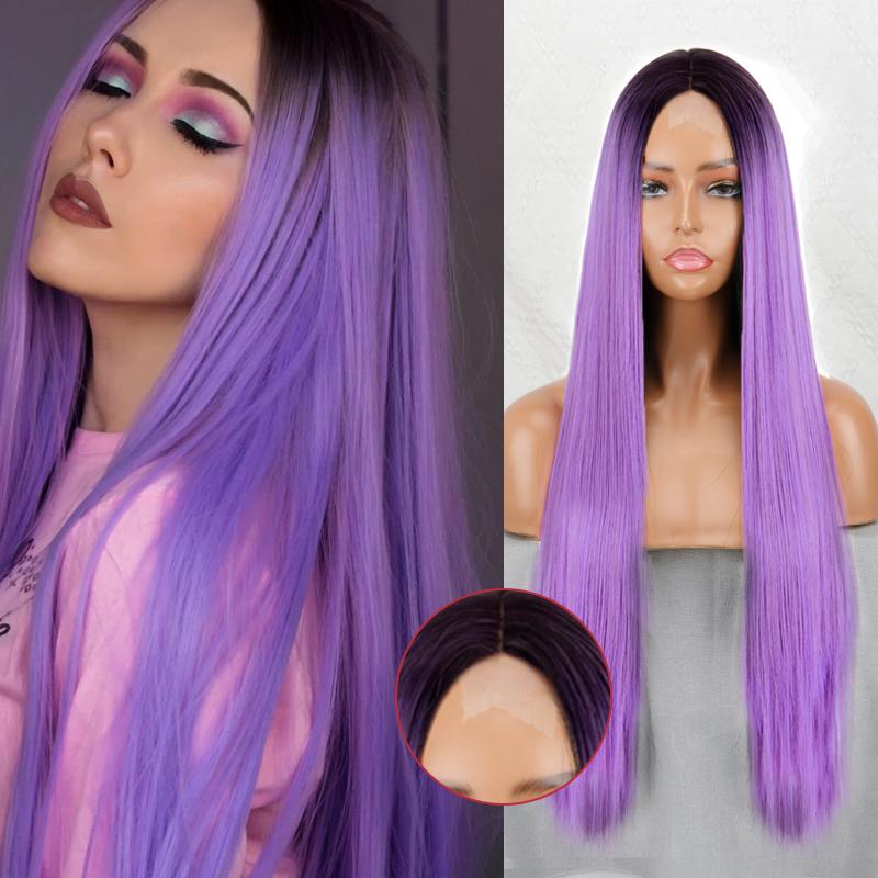 MISS WIG Длинный прямой парик без челки Золотисто-белый цвет Парик фронта шнурка Синтетическое волокно Повседневная одежда Длинный прямой парик