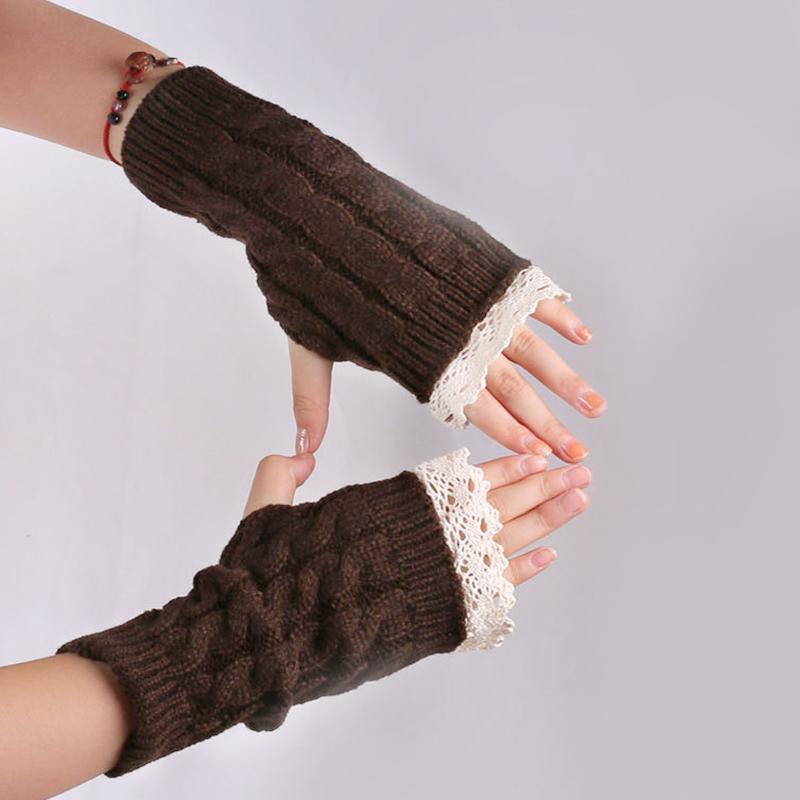 1 пара теплых зимних перчаток из кружева, вязаные перчатки с кружевными рукавами и запястьями, теплые шерстяные перчатки