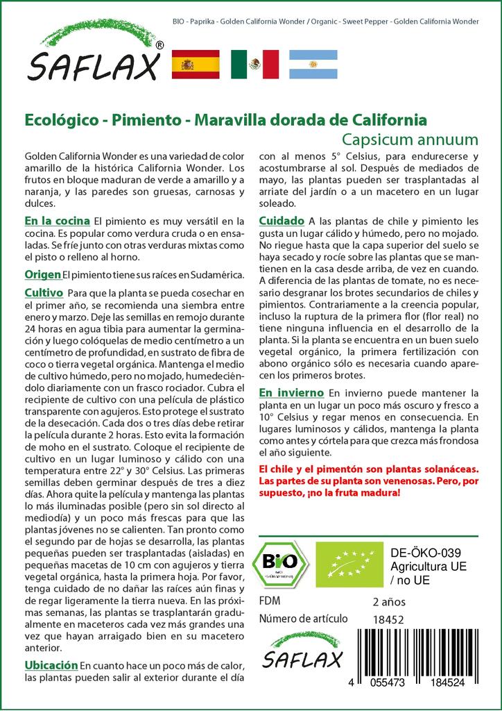 SAFLAX Garden in the Bag - Органический - Перец сладкий - Golden California Wonder - 20 семян - С субстратом в подходящем пакете - Capsicum annuum