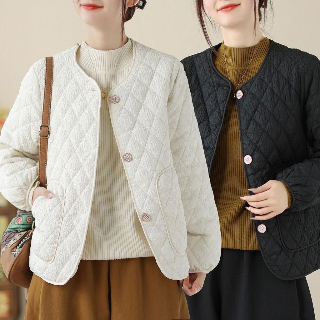 Повседневное хлопковое пальто с подкладкой, женские винтажные тонкие стеганые женские куртки с круглым вырезом и длинными рукавами на пуговицах, весна 2025, модные женские парки, пальто