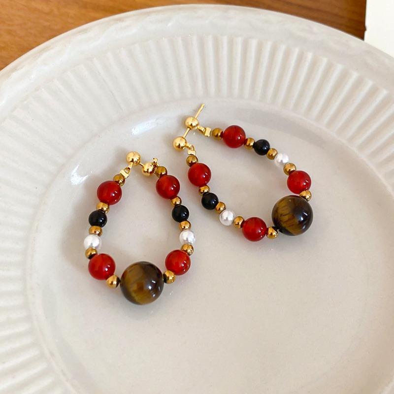 Серьги-гвоздики с серебряной иглой, круглые, с черным желчным камнем, тигровым глазом, жемчугом, легкая роскошь, ретро-серьги в стиле Маillard