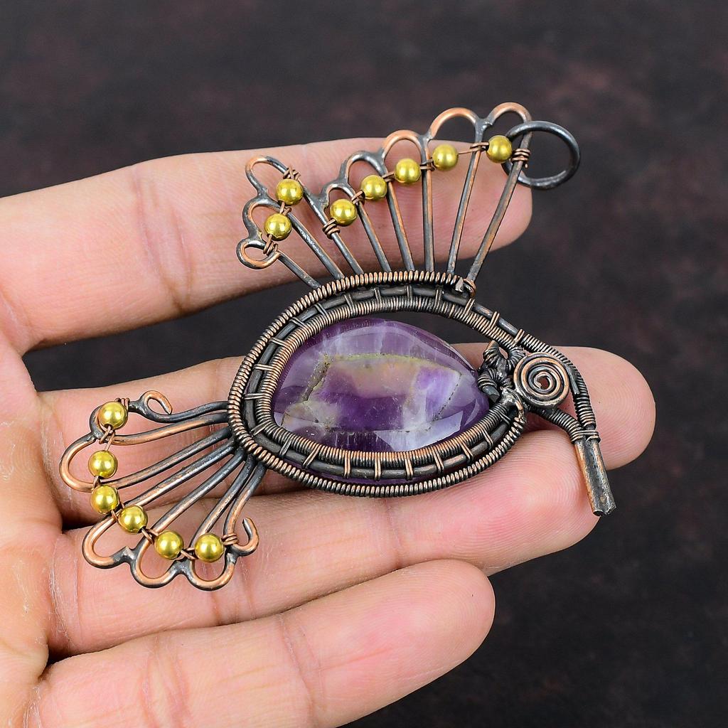 Кулон со звездой и аметистом, кулон в медной проволоке, ювелирные изделия ручной работы, уникальный кулон в виде птицы, удивительные медные украшения, кулон с драгоценным камнем, подарок для жены