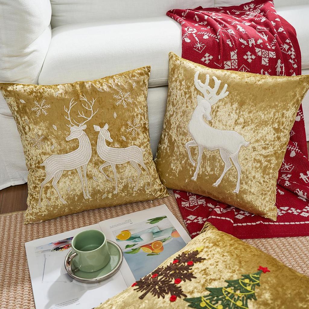 Gold Pillowcase with Reindeer and Snowflake Embroidery - Christmas Cushion Cover
