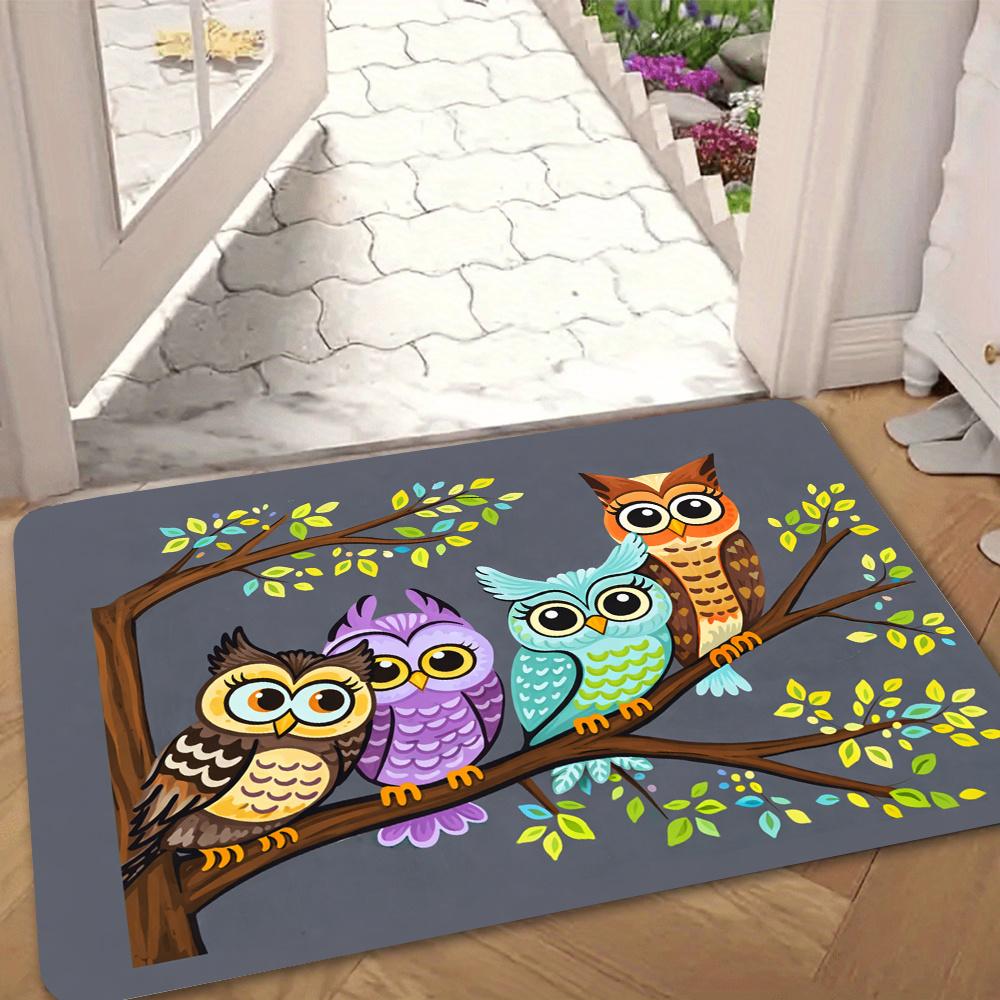 1pc Cartoon Owl Theme Entrance Mat, Four Brightly Colored Owls Perched on Branches, Suitable for Doorway, Kitchen, Living Room, Bedroom, Hallway, Laun