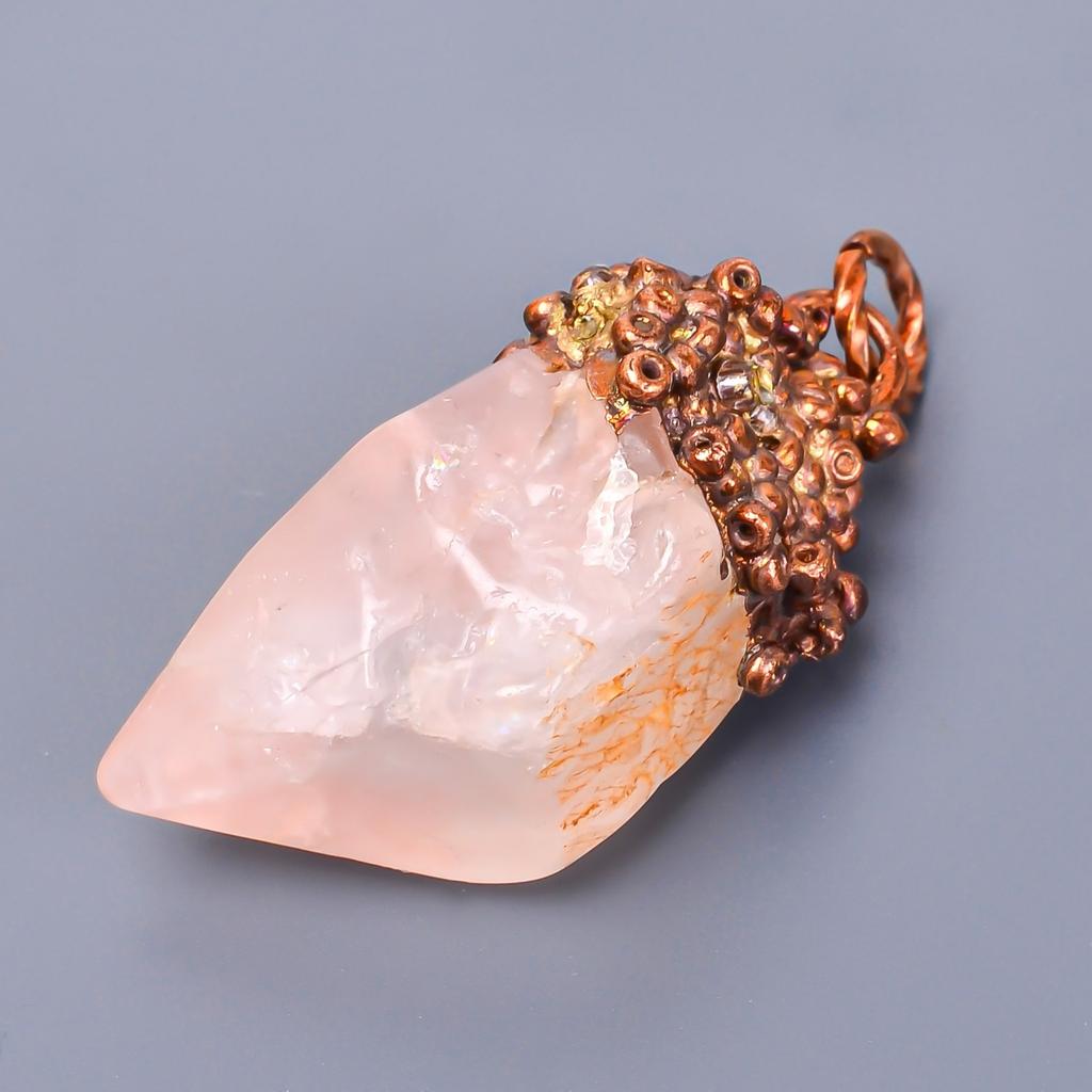 Fancy Natural Rose Quartz Rough Copper Best Sisters Gift Trendy Pendant Jewelry V-5