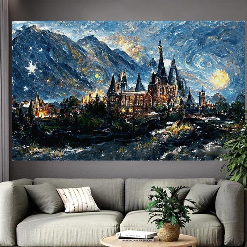 VIKAMA Fantasy Castle Tapestry Starry Night Watercolor Art Modern Bohemian Style Living Room Bedroom Background Wall Decoration