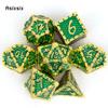 7 Pcs Green Golden Fish Scale Metal Dice Solid Metal Polyhedral Dice Set Suitable for Role-Playing RPG Board Game Card Game