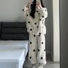 2 Pcs/Set Women Winter Pajamas Suit Thick Fleece Zip-up Dot Printing Long
