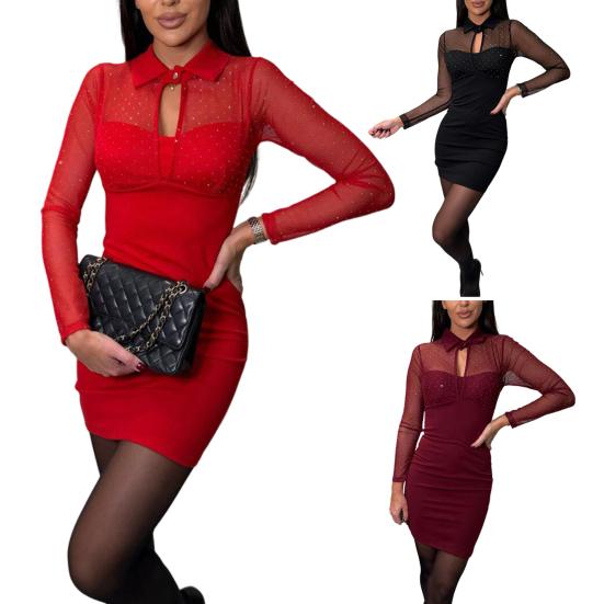 Женское платье с ажурной сеткой в стиле пэчворк, облегающее мини-платье из двух частей с отложным воротником, эластичное короткое платье для выпускного вечера в клубе