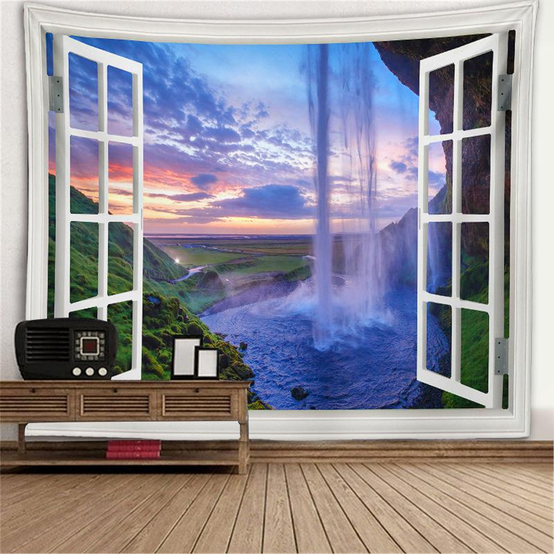 Оконный пейзаж, фреска, гобелен, настенный фон, ткань, отверстие в дереве, печь, висящая ткань, большой гобелен