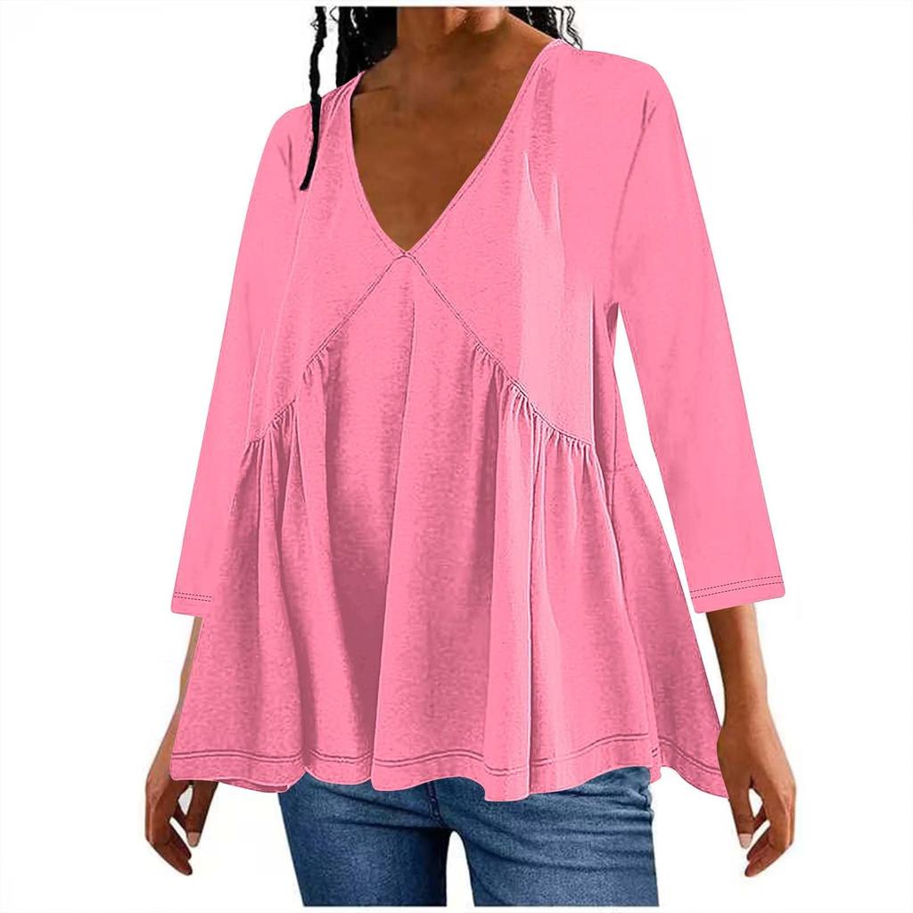 Women's Fashion Casual Solid Colour V-Neck Seven Sleeve Dress T-Shirt Top