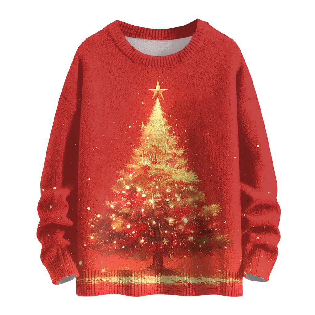 Ladies' Fashionable Casual Long Sleeved Christmas Printed Round Neck Knitted Yarn