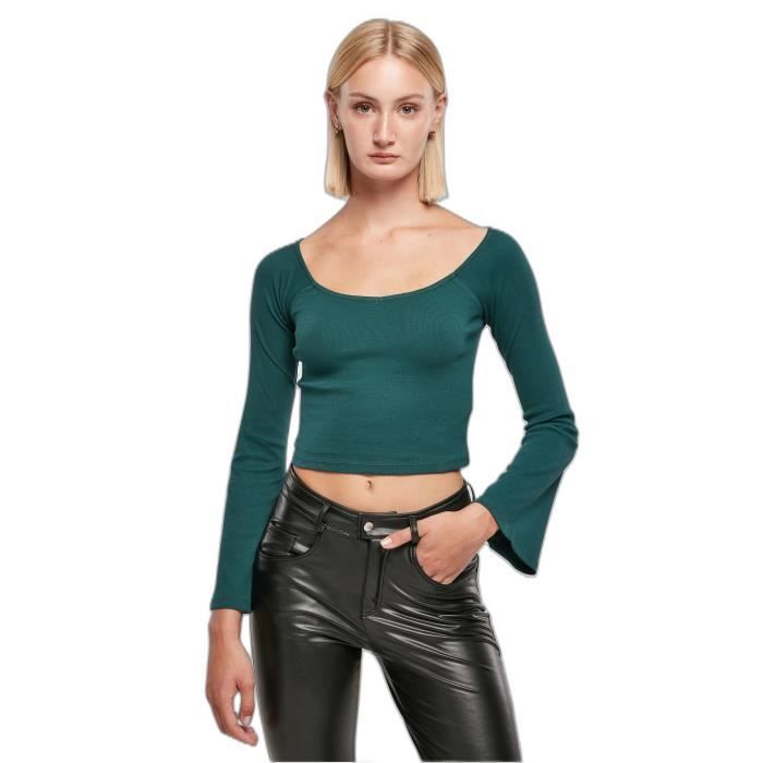 T-shirt À Manches Longues À Col En V Et À Côtes Courtes Femme Urban Classics GT - Bleu Canard - 2XL