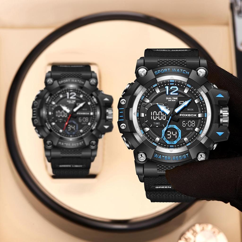 LIGE x FOXBOX Брендовые модные мужские часы с цифровым двойным дисплеем, светящиеся водонепроницаемые спортивные часы с будильником