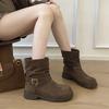 Korean version belt buckle short boots women's 2025 autumn new versatile flat bottom thin pile boots British style thin velvet boots women