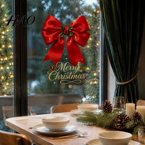 Seasonal Home Decoration Christmas Bow Window Sticker, Red Static Cling, Waterproof Party Decor Removable PVC Decal for Holiday Glass Windows