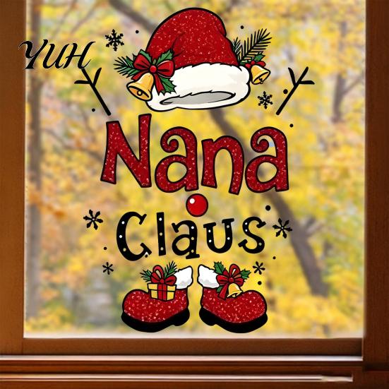 Christmas Lettering Prints Nana Claus Window Sticker, Static Cling Removable Decorative Glass Stickers PVC Holiday Decal for Home Shop Door Art