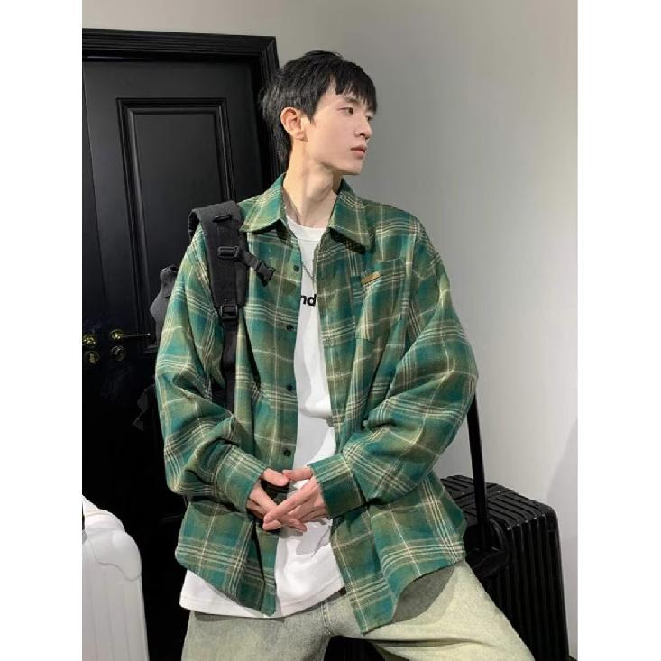 TGNS Trendy Spring Brushed Plaid Shirt Unisex Retro American Loose Casual Japanese Style Universal Couple Jacket