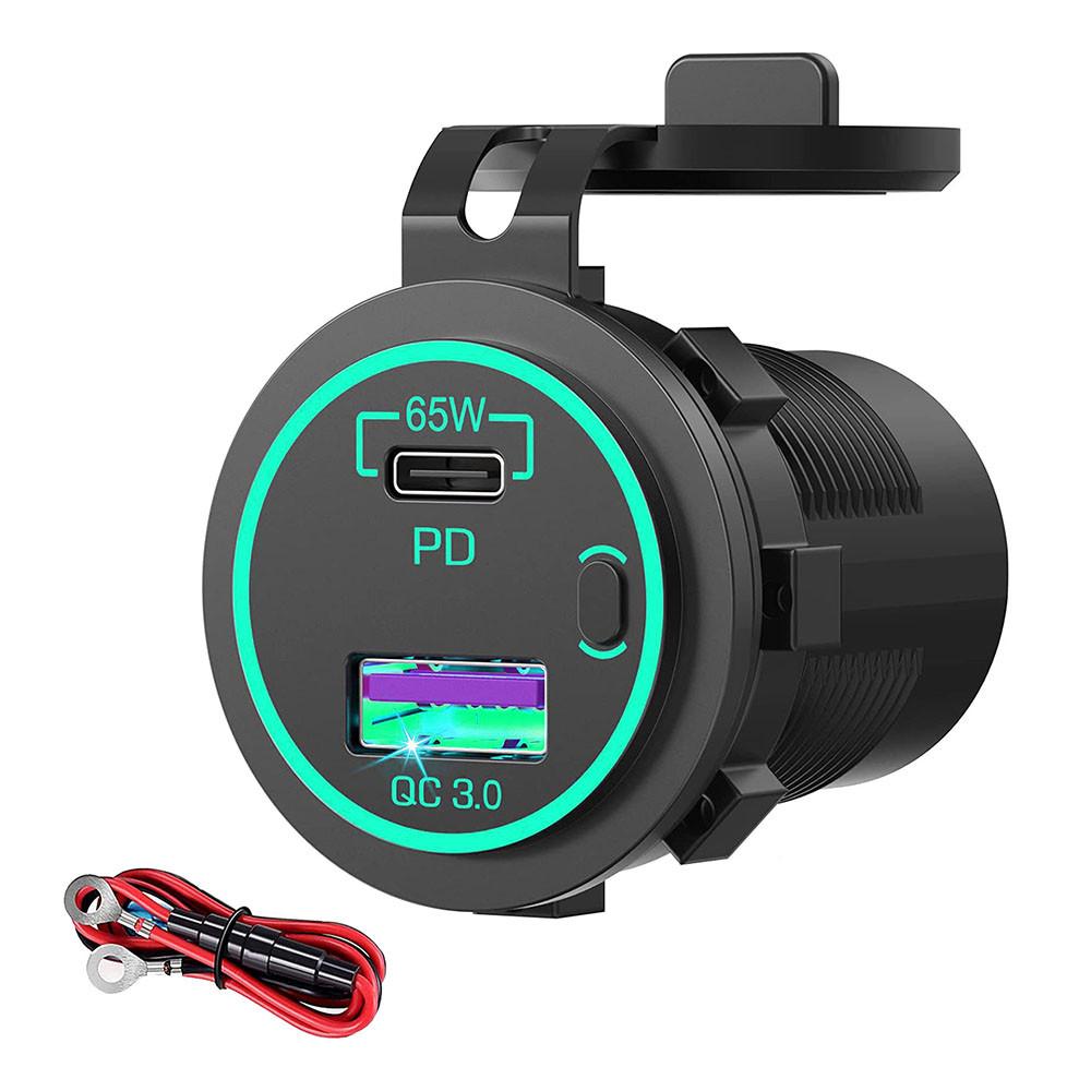 Universal Vehicle USB Charger 12V-24V, 65W PD + QC3.0 Fast Charging Port for Marine, RV, Boat, Motorcycle with LED Display