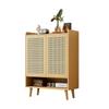 Shoe cabinet made of natural rattan with 2 doors and 5 shelves, for the hallway. With wooden handles and solid wood legs. Dimensions: W80/H105/D35 cm