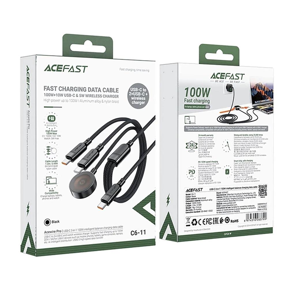 Кабель 3-в-1 Acefast C6-11 USB-C - 2x USB-C / Qi 480 Мбит/с 100 Вт 1,2 м - черный