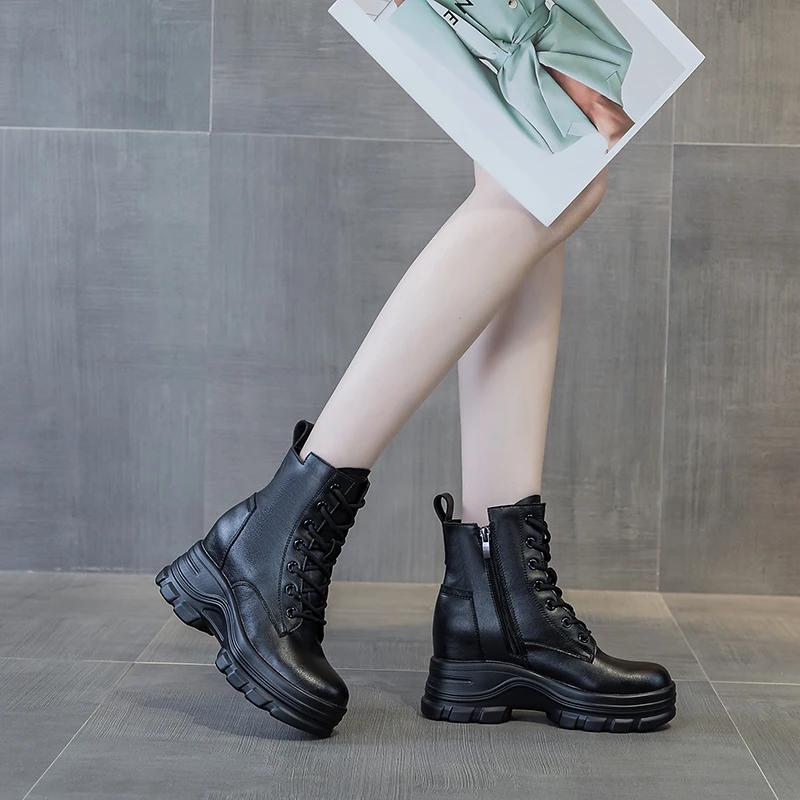 9 см натуральная кожа женские сапоги мотоциклетные ботильоны до середины голени на платформе толстый каблук ботинки осень зима женская обувь черный