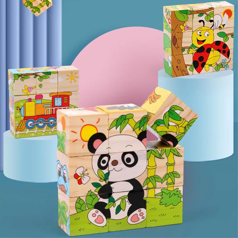 Деревянный пазл Шесть сторон раскрашены Трехмерный Пазл Транспорт Животные Строительные блоки Монтессори Игрушки для раннего развития TMZ
