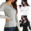 Solid Color Women Ribbed Long Sleeve Round Neck Buttons Slim Fit T-shirt Blouse