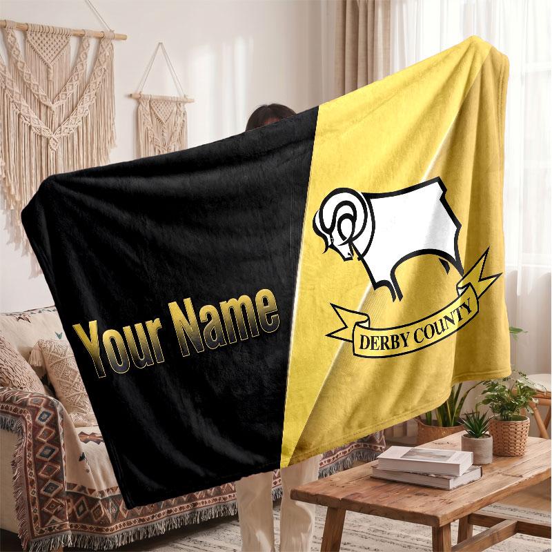 Derby County Personalized Fleece Blanket With Football Logo, Custom Name Text Soft Warm Home Throw Blanket
