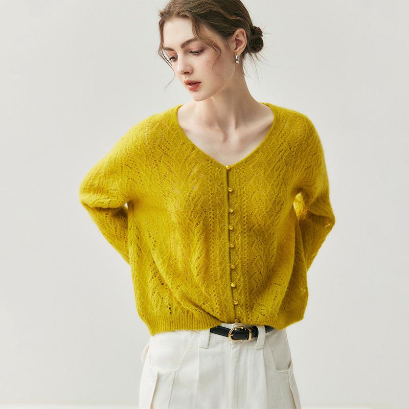 Women's V-Neck Hollowed Cashmere Cardigan - Loose Fit Autumn 2025 Cover-Up Pullover