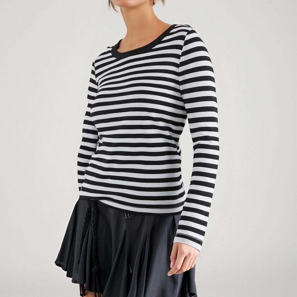Women's Casual Long Sleeve Round Neck Striped Loose Fit T-Shirt