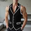 Men Lapel Sleeveless Stitching Slim Waist Buttons Up Rib Vest Waistcoat