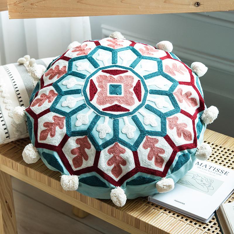 Марокканская этническая подушка круглой формы с ручной вышивкой, декоративная для дивана, гостиной, в индийском и юго-восточноазиатском стиле, наволочка для подушки на эркер