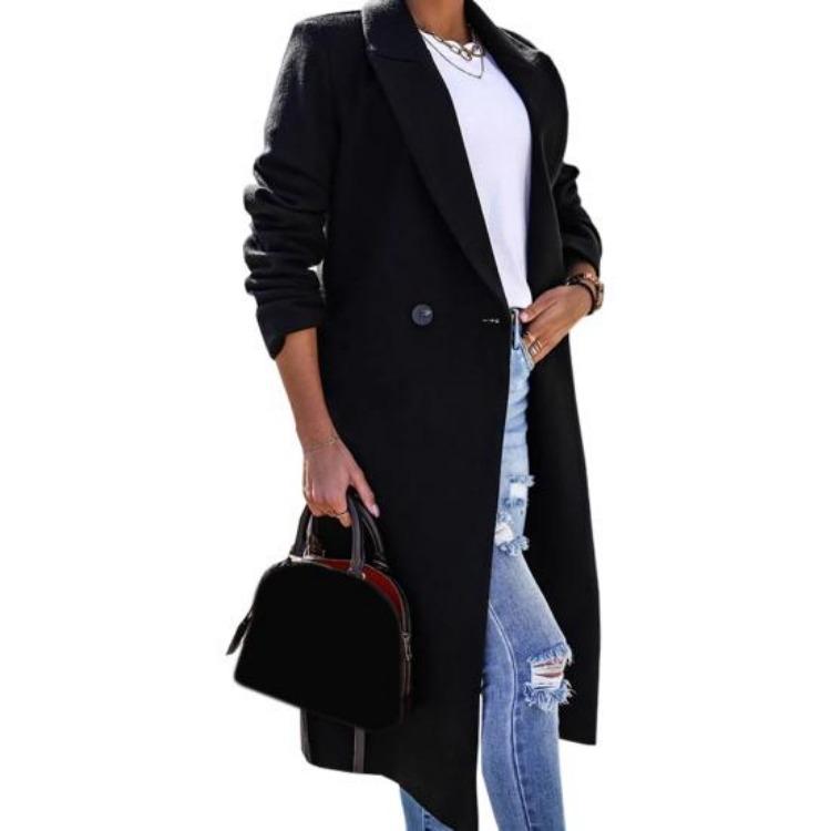 Fall Winter Women Long Coat Loose Fit Lapel Jacket One Button Closure Solid Color Overcoat for Office Casual Wear