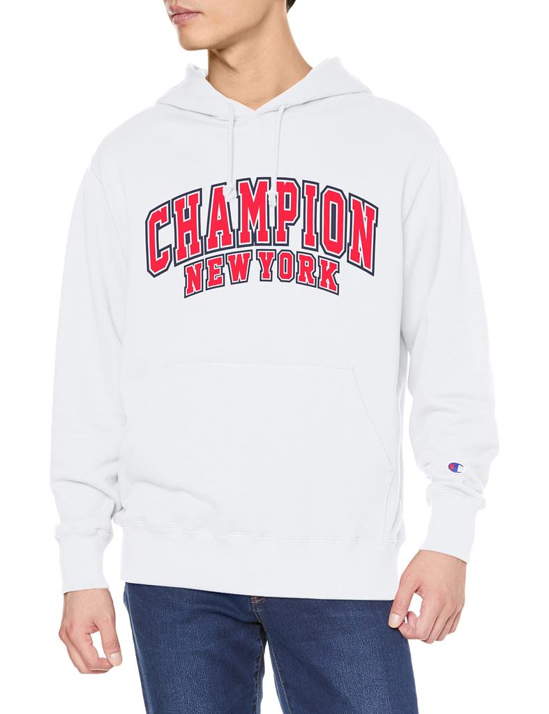 Champion Long Sleeve Fleece Hoodie with Graphic Logo Size L Men's Print, Basic, C3-W117, White,
