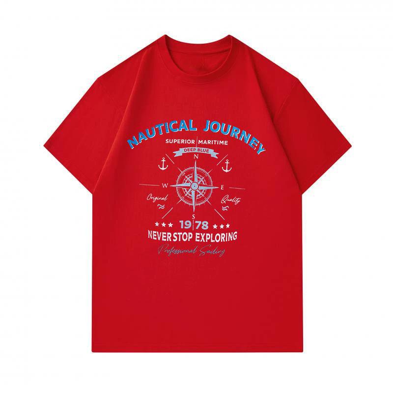 Men's 100% Cotton Crew Neck Short Sleeve T-Shirt, Nautical Journey Compass Anchor Print Casual Maritime Never Stop Exploring Sailing Top for Daily Wea