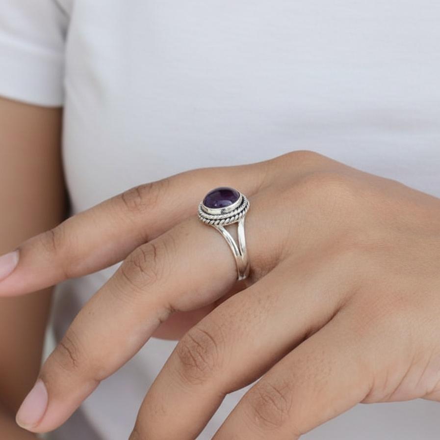 Amethyst 925 Sterling Silver Ring, Oval Purple Gemstone Rope Bezel Statement Ring, Handmade Jewelry