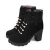 Осенне-зимние женские ботильоны из искусственной кожи с круглым носком, сексуальные кружевные туфли на высоком каблуке