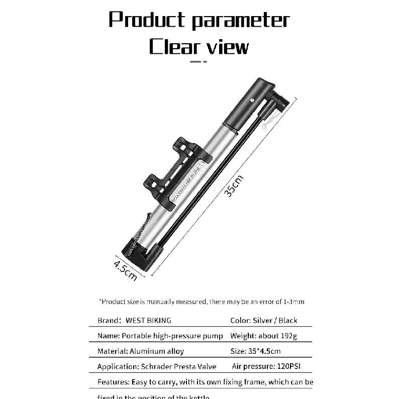WEST BIKING Bike Pump Bicycle Tire Portable Inflator Air Pump 120PSI Mountain Road Bike Accessories for Cycling MTB Bicycle Pump