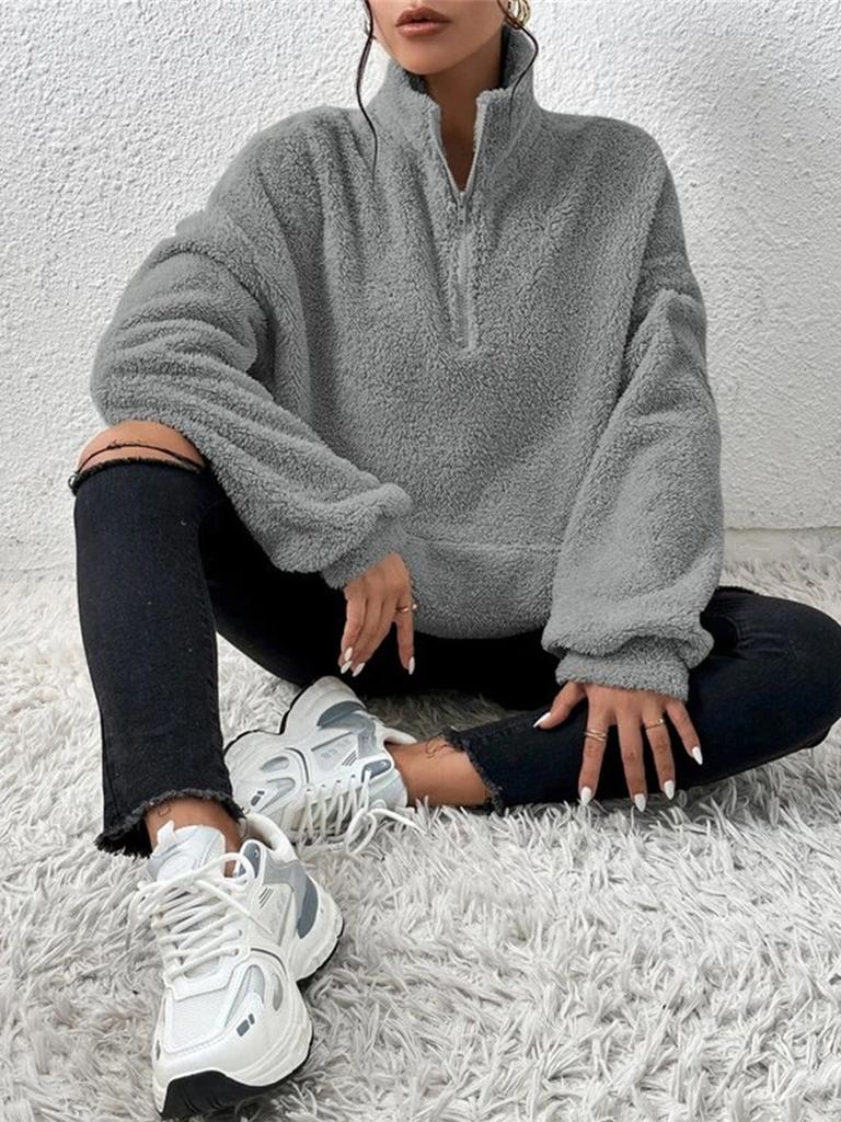 Женская толстовка с воротником-стойкой, модный однотонный пуловер из шерпа, повседневная верхняя одежда