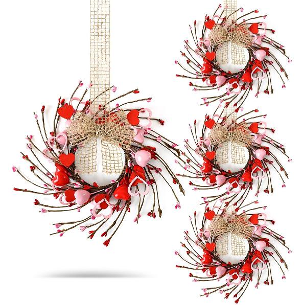 4 Pcs Valentines Day Wreaths Kitchen Cabinet Wreaths Farmhouse Artificial Red Pink Heart Berries Mini Valentine's Day Windows Wreaths for Front Door