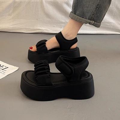 Модные женские сандалии на танкетке, летние новые однотонные женские сандалии на толстой подошве для пляжа, шлепанцы, сандалии с ремешком на щиколотке и слингом сзади, сандалии