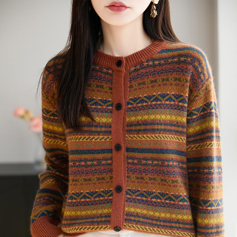 Женский французский ретро кардиган с жаккардовым узором Fair Isle - Осенне-зимний свитер с круглым вырезом