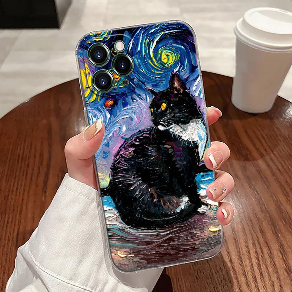 Чехол-картина маслом «Звездная ночь» Ван Гога с кошкой для Apple iPhone 17 16 15 14 13 12 11 Pro Max Plus 16E 17Air 17Pro Чехол для телефона Funda