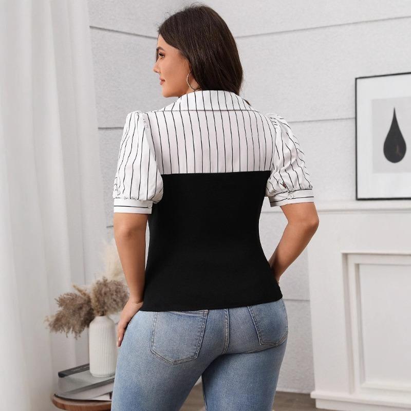 Плюс Размер Женский Летний Полосатый Лоскутный Тонкий Топ С Короткими Рукавами