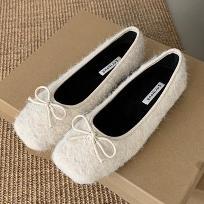 Модная осенняя мода Теплые пушистые туфли Мэри Джейн на плоской подошве Женские милые с бантом Дизайнерские туфли Комфортные с квадратным носком Повседневные туфли