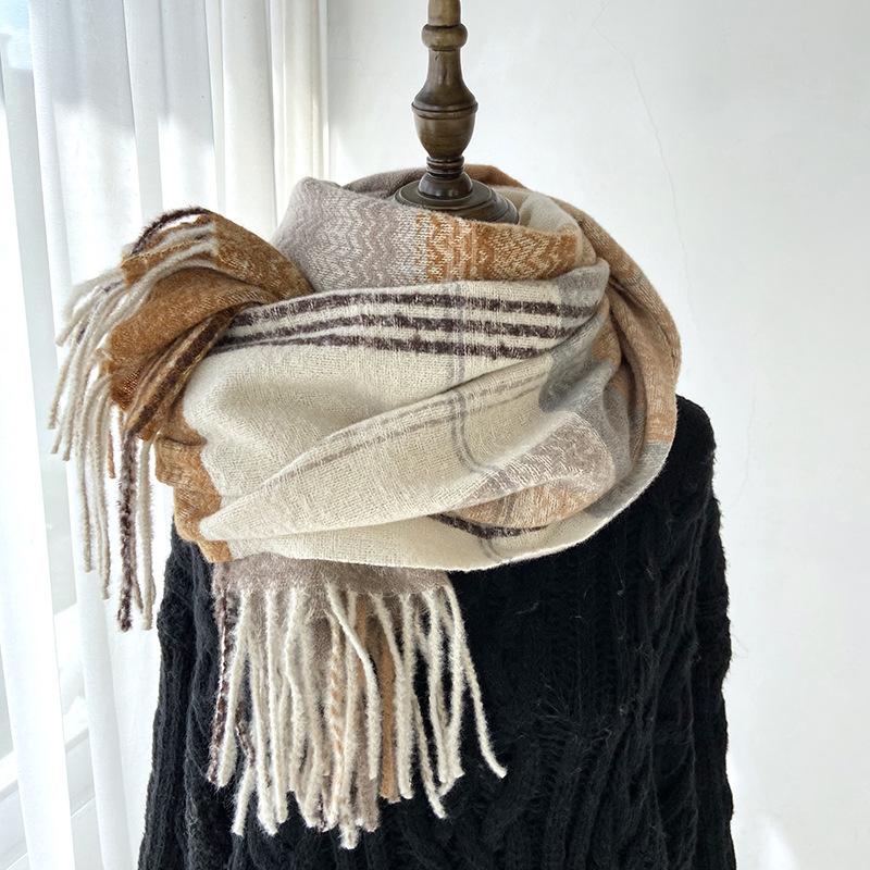 Scarf For Women, Autumn And Winter, High-End Feeling, Imitation Cashmere Plaid Tassel Shawl, Student Thick And Warm Scarf